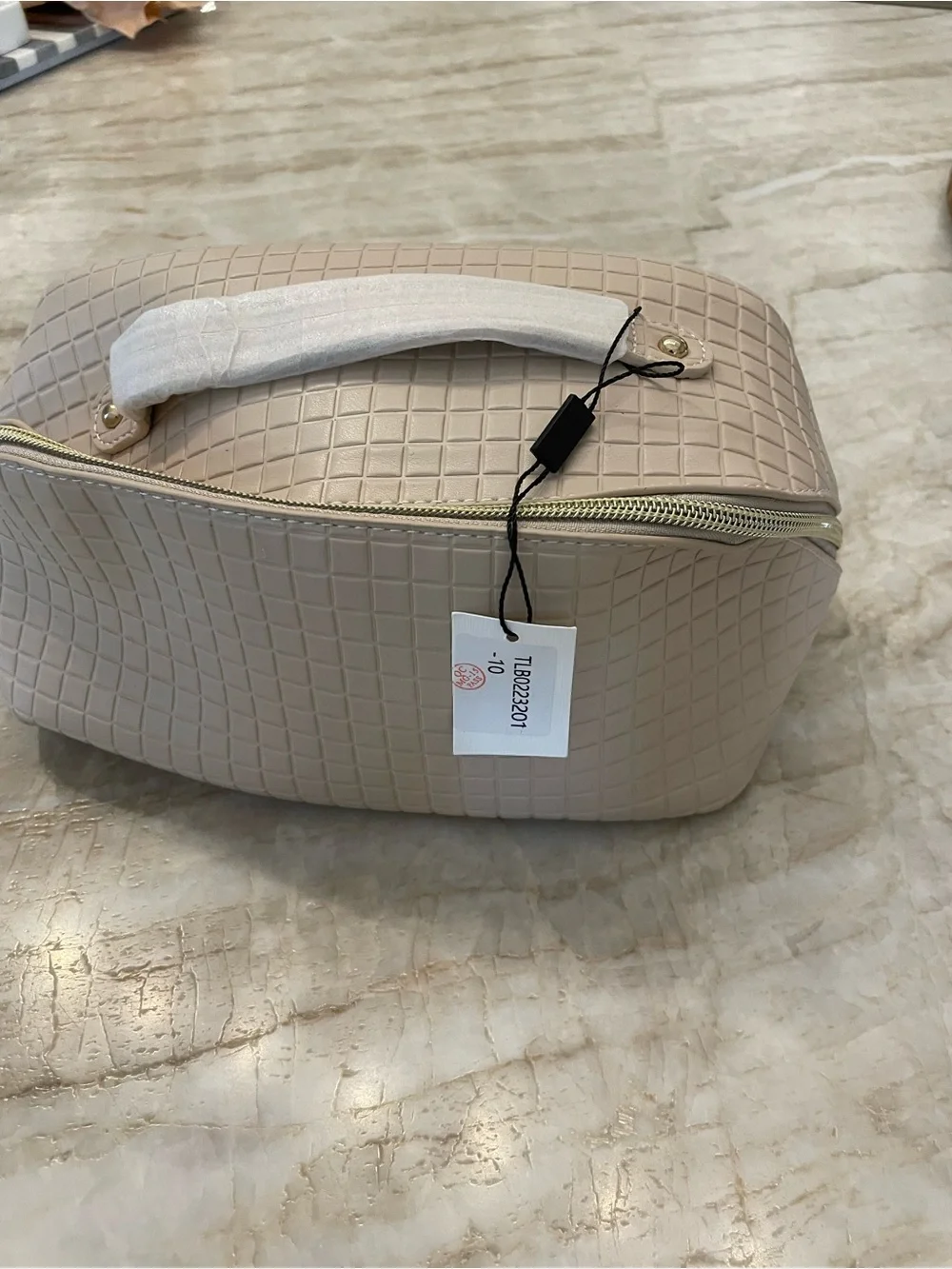 Neutral Taupe Textured Cosmetic Bag with Top Handle